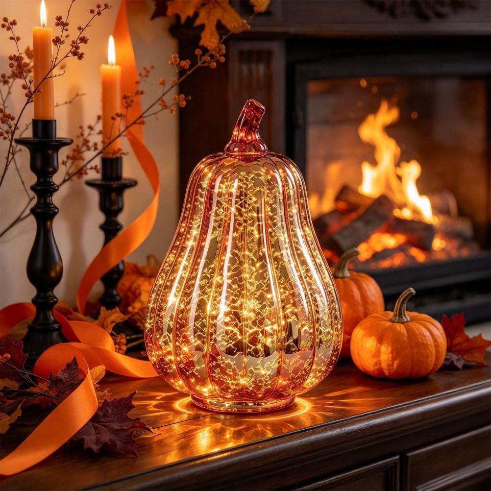 Fall Mercury Glass Light up Pumpkin Decor Fall Decoration for Home Thanksgiving Lamps for Festive Decoration Halloween Decorations Starry Night Pumpkins Tabletop Centerpiece Fall Home Decor
