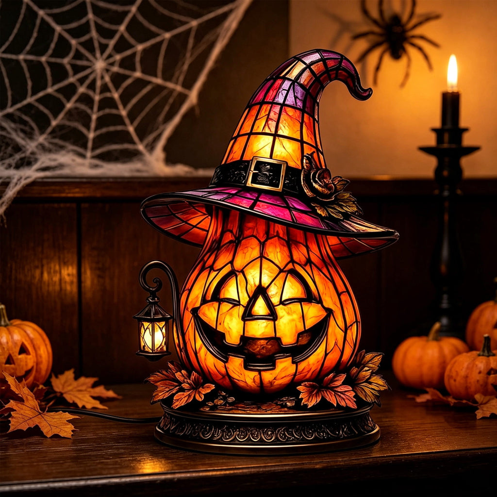 Halloween Pumpkin Night Light With Witch Hat Acrylic LED Tabletop Ornament, Spooky Glowing Figurine for Home Party Bedroom Holiday Decoration