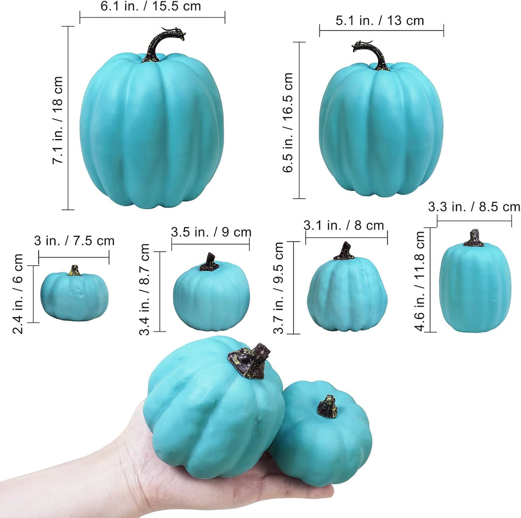 Foraging dimple 7 Pcs Assorted Harvest Orange Artificial Pumpkins Decorative Pumpkins Foam Pumpkins with Gold Stems for Fall Harvest Autumn Home Wedding Thanksgiving Halloween Party