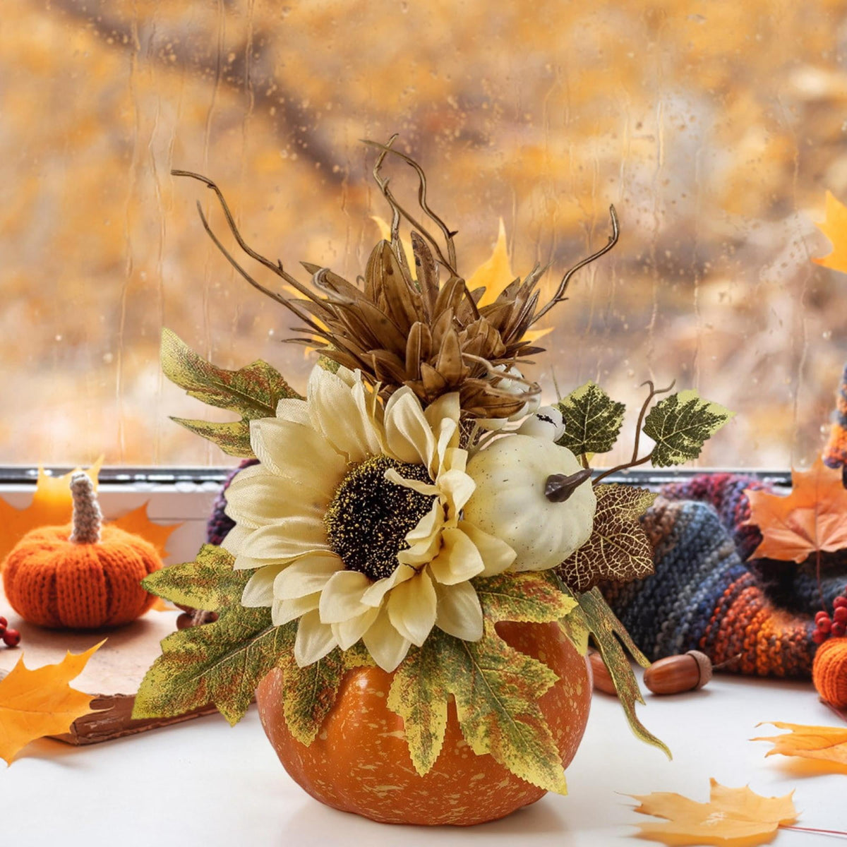Pumpkin Decor with Artificial Flower Sunflowers Fall Decorations for Home Tabletop Kitchen Party Thanksgiving Harvest