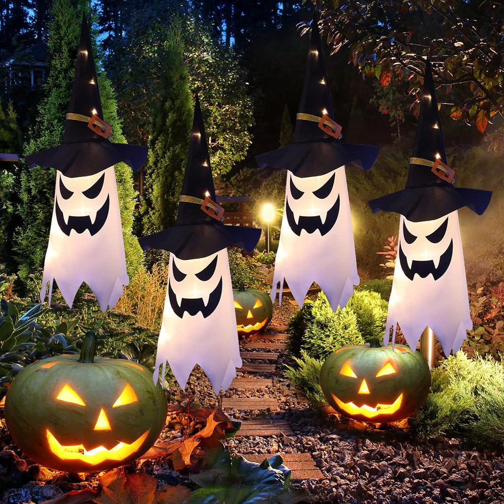 PMMIPNW Halloween Decorations Outdoor, Hanging Lighted Glowing Ghost Witch Hat 5PCS, Halloween Light for Halloween Party Yard Tree Garden
