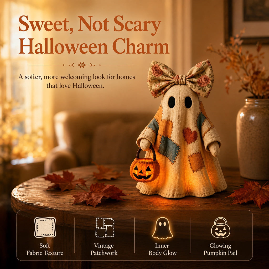 Lighted Vintage Patchwork Ghost Halloween Decor with Pumpkin Lantern Warm Glow Rustic Farmhouse Fall Figurine for Mantel Shelf Porch Entryway Indoor Decoration (Contains a small battery)