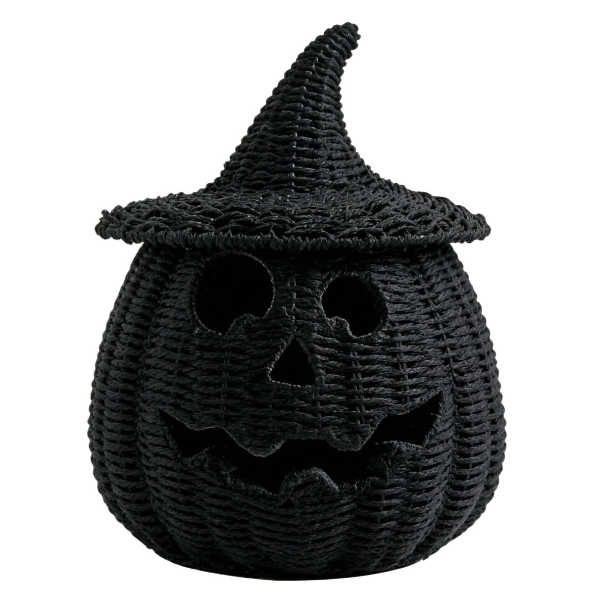 Aximioll Halloween Black Woven Jack-O-Lantern Pumpkin Decor, Hand Woven Rattan Wicker Style Statue, Trick or Treat Candy Bowl Lantern for Porch Entryway Fireplace Mantel Table, Black, 11 Inches
