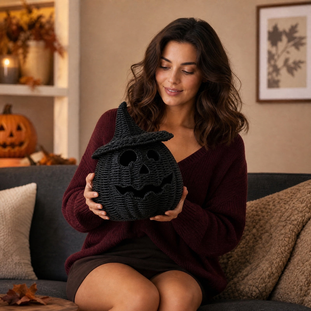 Handwoven Rattan Pumpkin Lantern with Lid, 11" Halloween Light Up Woven Pumpkin Decor, Rustic Black Wicker Pumpkin Decoration for Indoor Home Mantle Tabletop Decor(B)