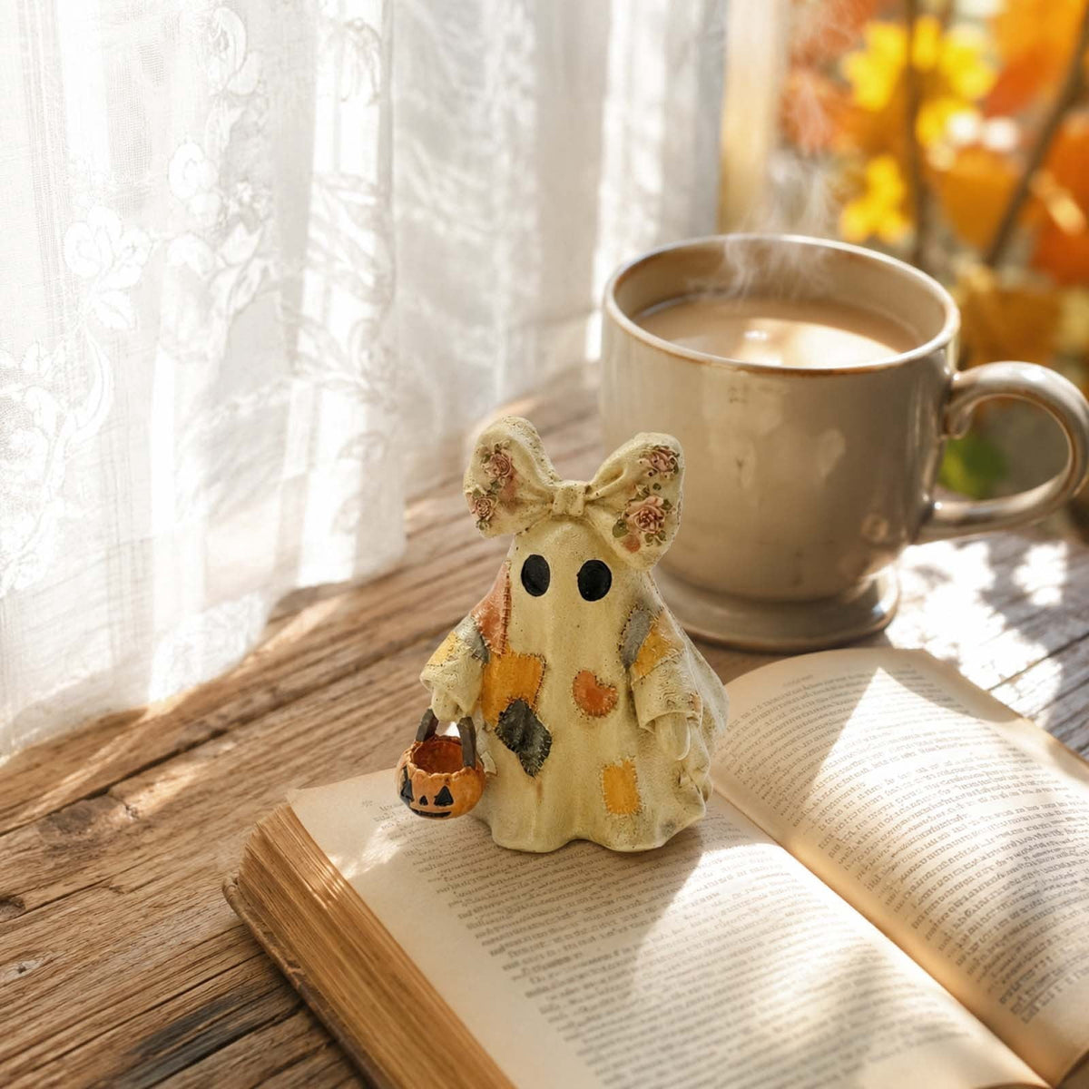 Vintage Patchwork Ghost Figurine, Cute Resin Halloween Ghost Statue with Floral Bow and Pumpkin Basket, Retro Fall Tabletop Mantel Shelf Entryway Porch Decor for Halloween Thanksgiving Home Party
