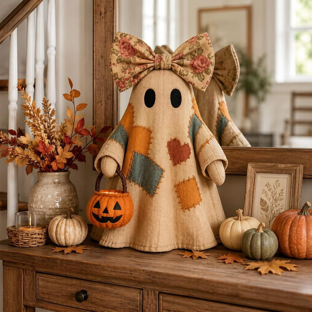 Win s Way Lighted Vintage Patchwork Ghost Decor Glowing Ghost Figurine with Pumpkin Lantern Farmhouse Style Light Up Statue for Mantel Shelf Entryway Table Fall Decorations
