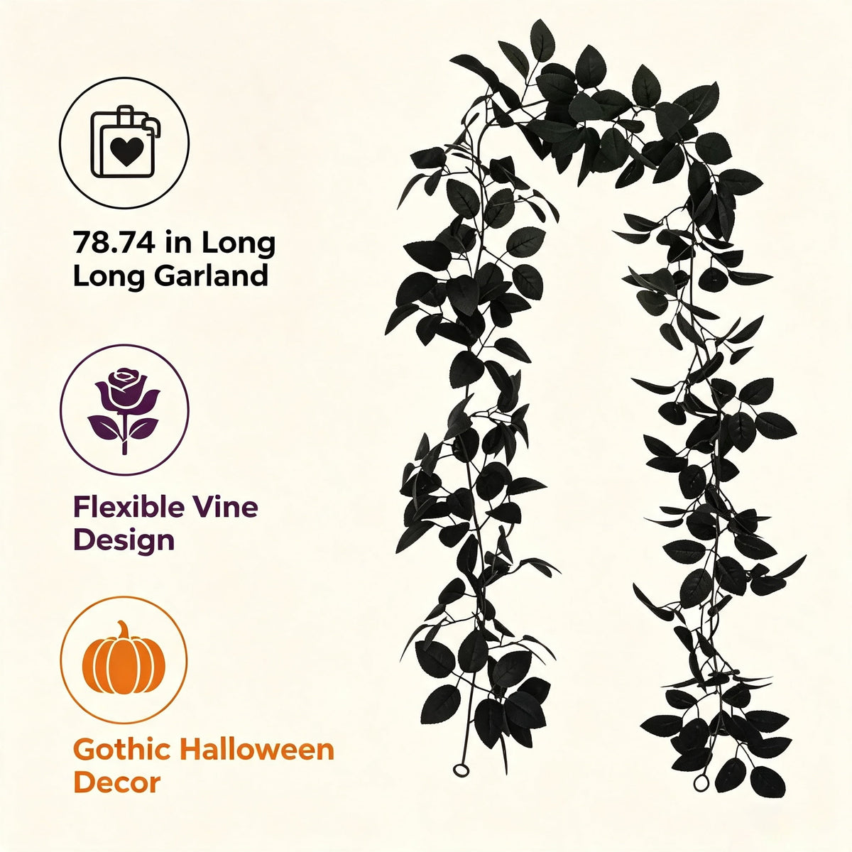 Halloween Black Garland with LED Lights 70.87 Inch Gothic Foliage for Mantel Stair Halloween Party Home Indoor Decor