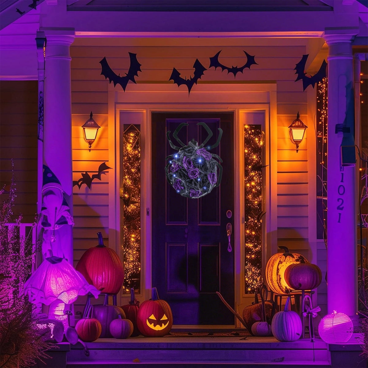 XEAZON Halloween Spider Decorations with Cobweb,Artificial Purple Rose Flower Spider Wreath for Front Door Hanging Decor,Halloween Party Indoor Outdoor Decor Hanger,Halloween Accessories with Lights