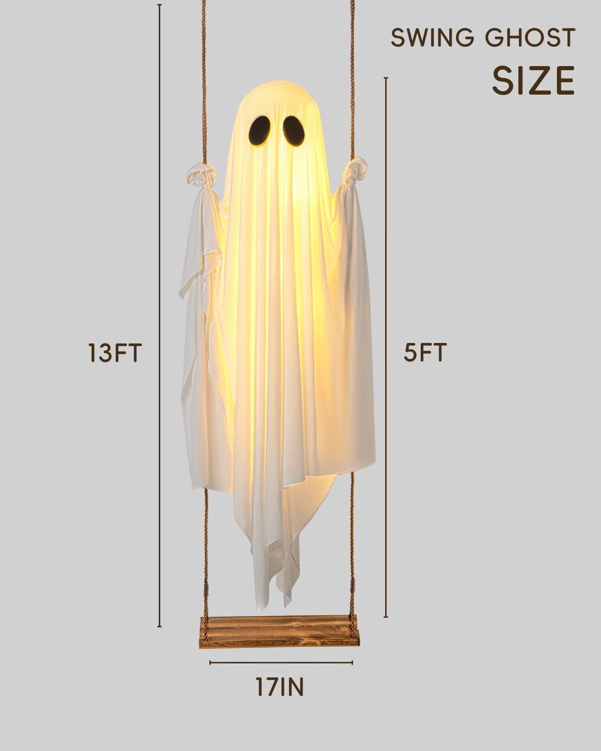 Halloween Decorations Outdoor - 5 FT Large Hanging Swing Halloween Ghost Decor with String Lights - Spooky Cute Ghosts Decorations for Front Porch Yard Tree