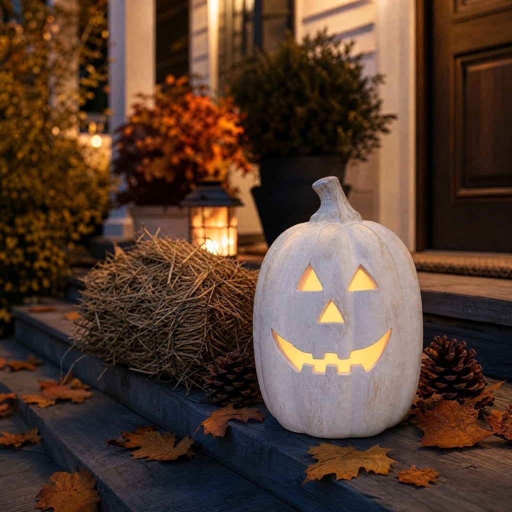 Halloween Pumpkin Lantern Decor, White Handmade Resin Jack O Lantern with Flameless Candle Glow, Vintage Fall Decoration for Front Door Porch Patio Table