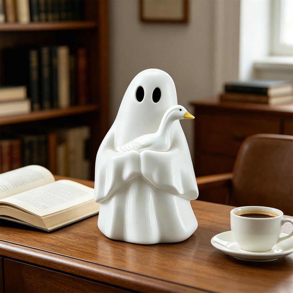 Halloween Ghost Figurine, Resin Lighted Ghost Ornament with Pumpkin Lantern & Beverage Cup, Tabletop Halloween Indoor Decor