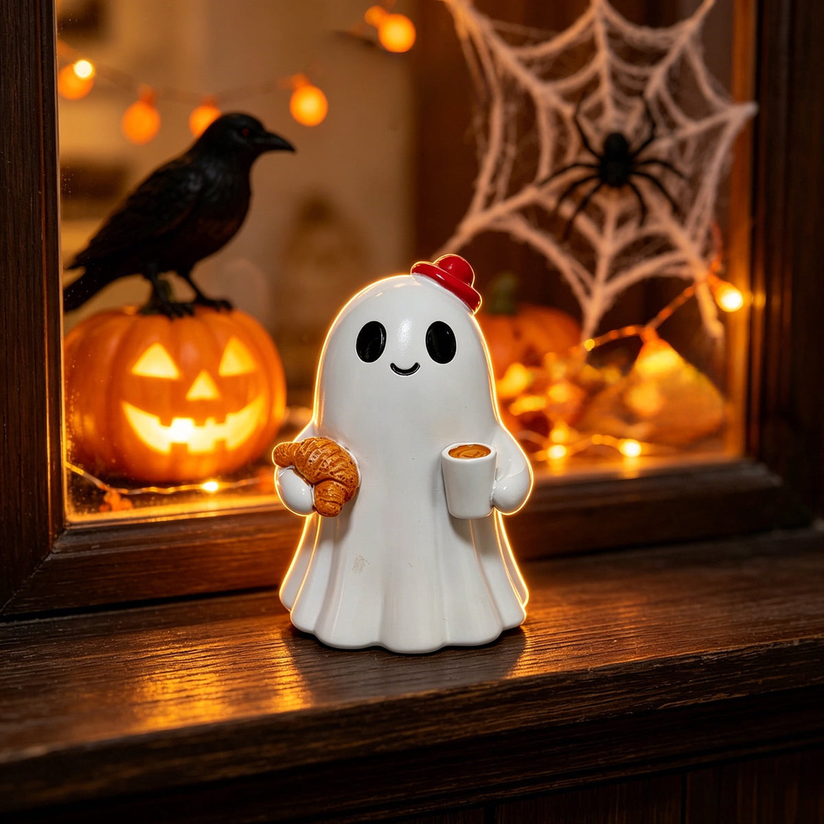 Halloween Ghost Figurine, Resin Lighted Ghost Ornament with Pumpkin Lantern & Beverage Cup, Tabletop Halloween Indoor Decor