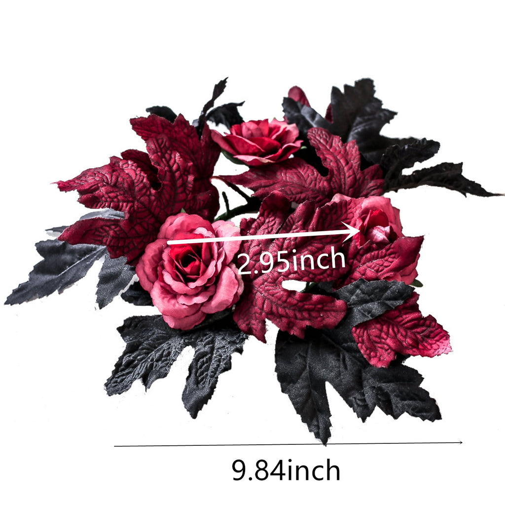 TETOU 2Pcs Halloween Candle Rings Wreath for Pillar Candle Holder, Maple Leaf Black Rose Small Wreaths for Fall Thanksgiving Home Table Centerpieces, Cabinet Decorations - Black