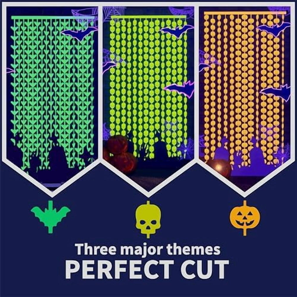Halloween Neon Tinsel Fringe Curtains 3 Pack Pumpkin Skeleton Bat UV Party Decor