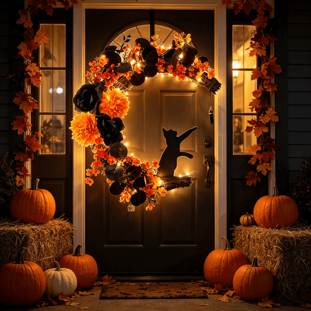 Halloween Wreath for Front Door with Lights, 14 Inch Black Cat Crescent Moon Wreath, Spooky Halloween Decoration with Orange Marigolds and Black Roses, Perfect for Home and Halloween Party Decor