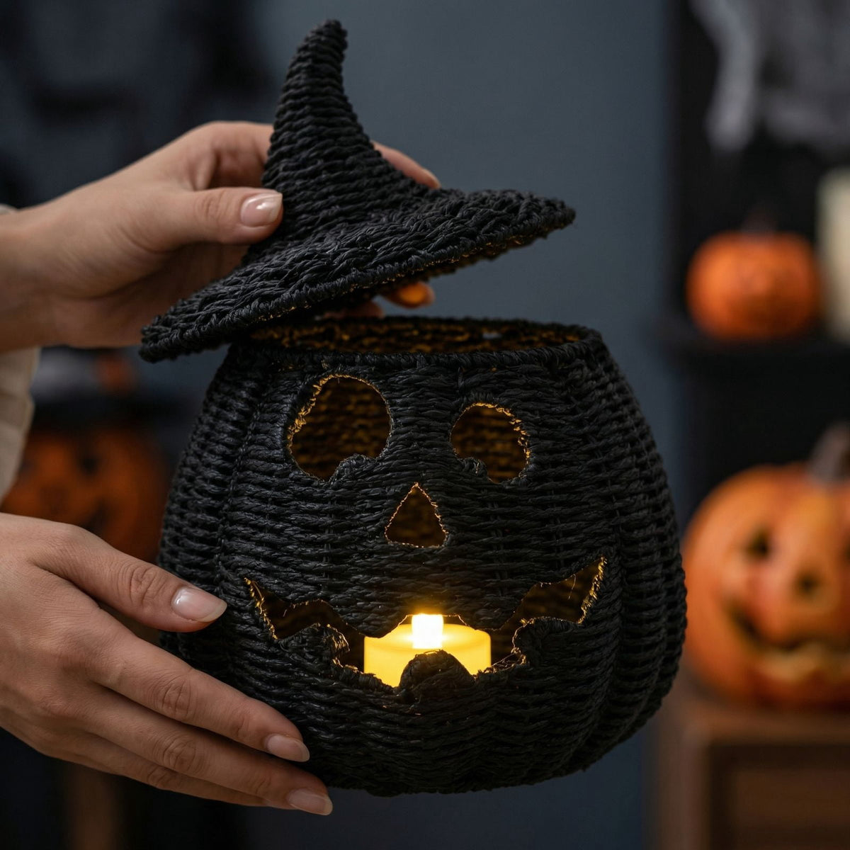 Handwoven Pumpkin Lantern, Rustic Vintage Halloween Decor, 28cm Woven Pumpkin Lantern Without LED Candle Light, Pumpkin Ornament for Mantel Doorstep Halloween Party Decorations