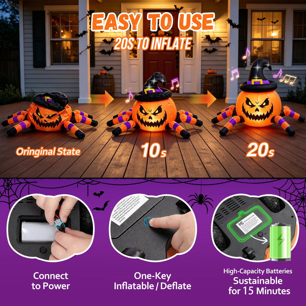 Firstness 2.4GHz Remote Control Car Halloween Inflatable Pumpkin Spider Blow ups Rc Car 360° Rotation, 3 Music and LED Lights,Aged 3+