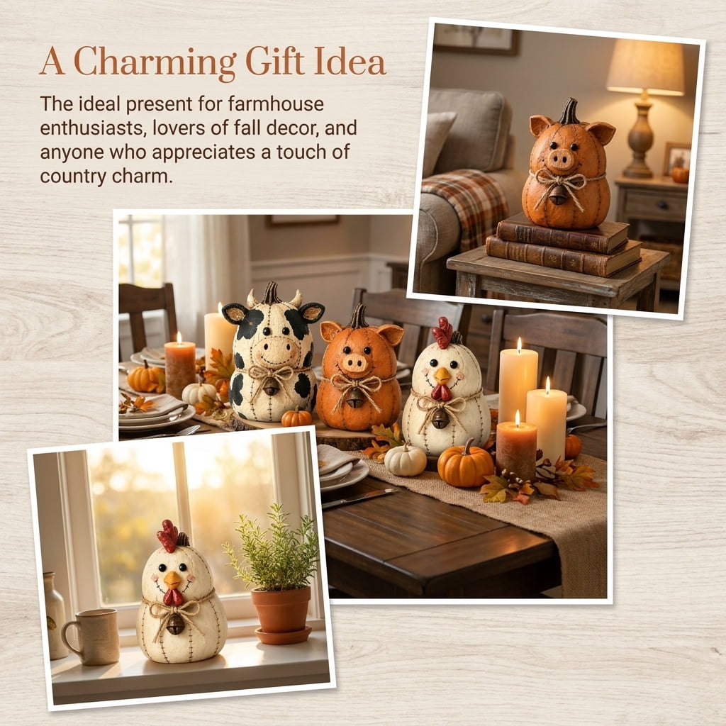 Farmhouse Decor, Farmhouse Fall Decor, Pumpkin Decor Set, Rustic Farm Animal Pumpkin Ornaments for Mantel Shelf Table Centerpiece (Dairy cow)