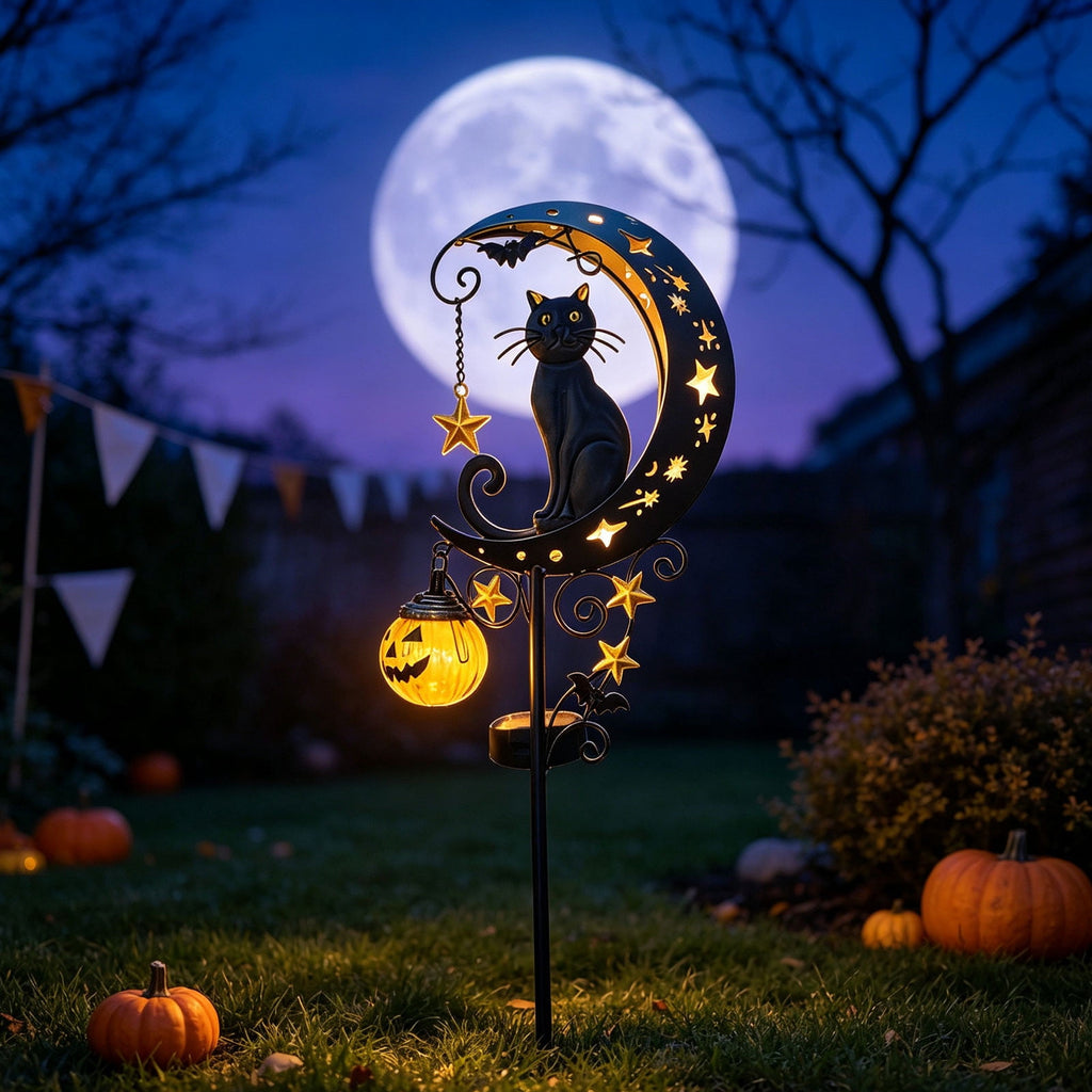 Solar Halloween Metal Moon Black Cat Garden Stake with LED Pumpkin Lantern, Light Up Star Bat Yard Decor Stake, Spooky Outdoor Lawn Pathway Halloween Decoration