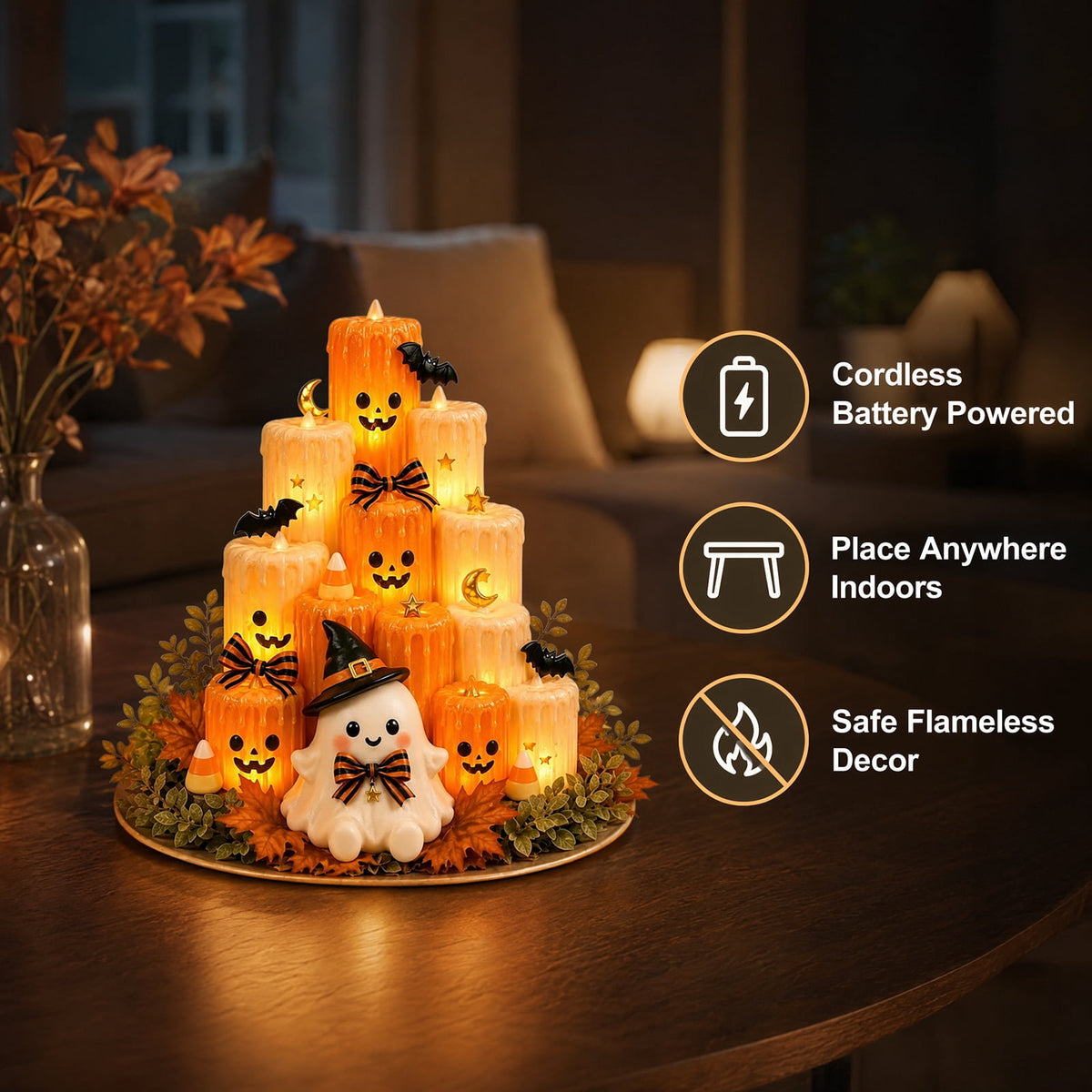 Halloween Ghost Pumpkin LED Candle, Halloween Tabletop Decor with Flickering Warm Light
