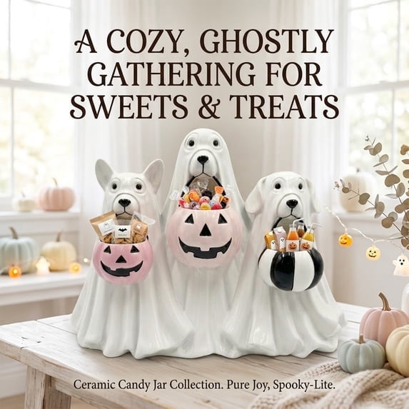 Ghost Dogs Figurine with Pumpkin Candy Bowl, Outdoor Safe Halloween Figurine Indoor Halloween Table Decor Halloween Decorations Indoor