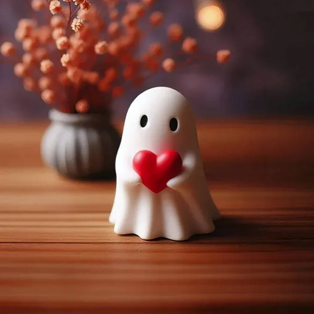 Halloween Ghost Figurine, Resin Lighted Ghost Ornament with Pumpkin Lantern & Beverage Cup, Tabletop Halloween Indoor Decor