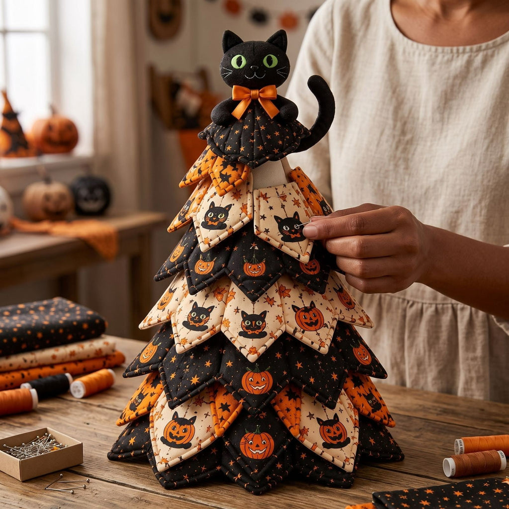 Lypsnake DIY Halloween Quilted Fabric Tree Kit, Vintage Pumpkin Sunflower Patchwork, 3D Padded Sewing Craft Project for Autumn Harvest Decor