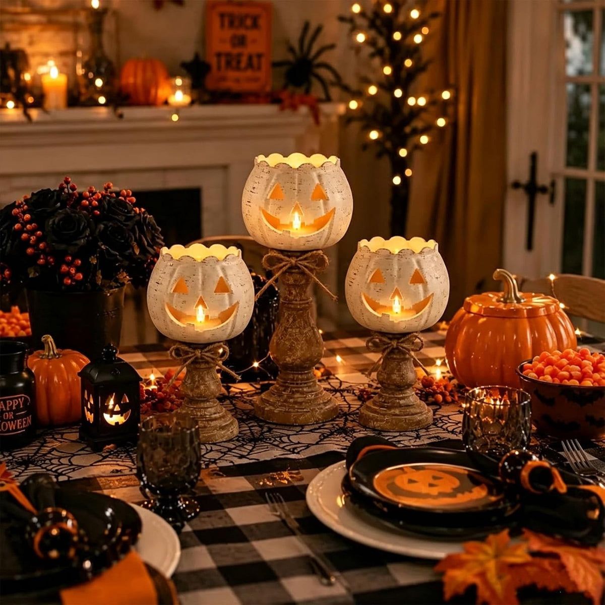 Halloween Lamp Indoor Tabletop Decorations, LED Lighted Wooden Pumpkin with Vintage Pedestal Stand and Rope Bow, 8.7 Inch Rustic Halloween Decor for Home Mantel Entryway