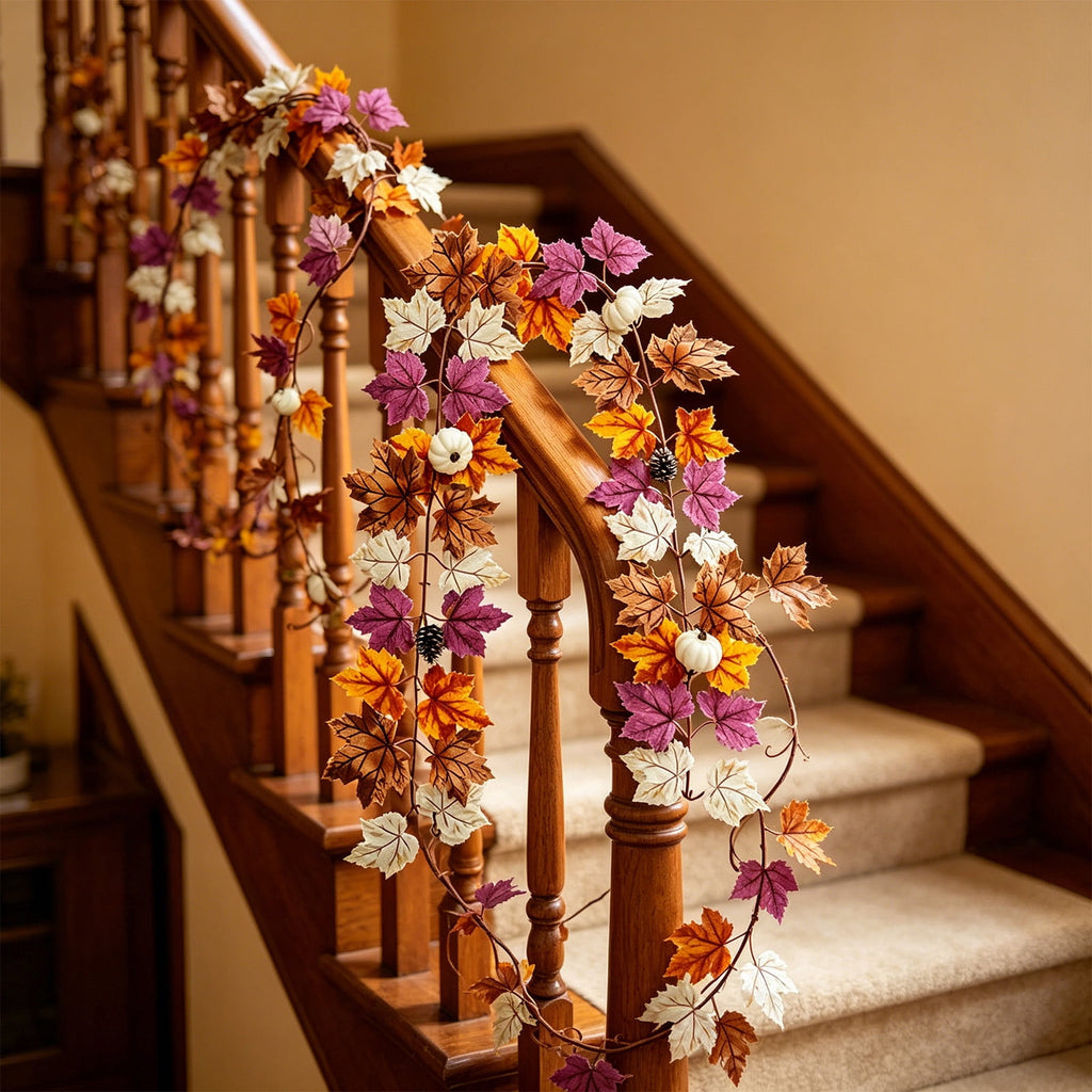 Fall Maple Leaf Front Door Wreath, Multicolor Plastic Seasonal Wreath for Halloween Thanksgiving Christmas Indoor Wall Fireplace Home Decor, 9.84 Inch