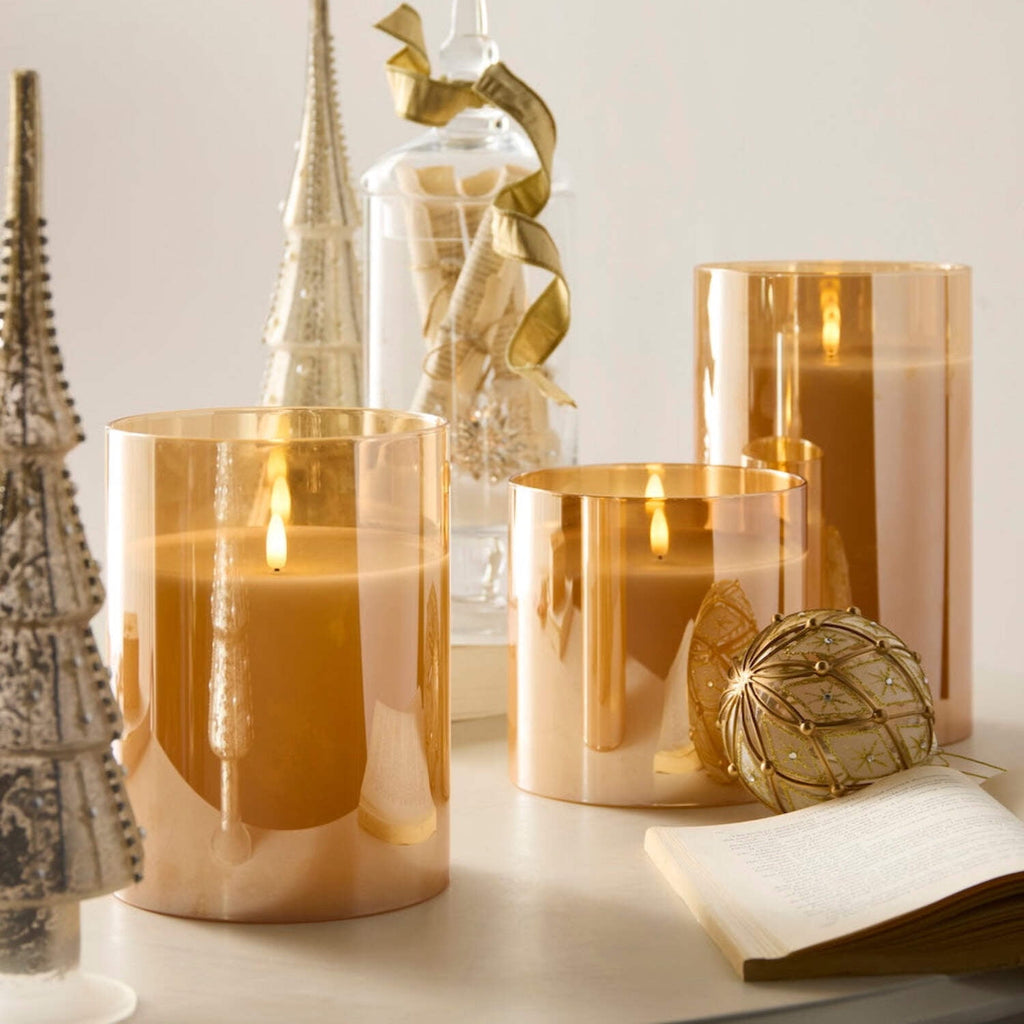 RAZ Imports Gold Ivory Glass LED Pillar Flameless Candle, 6 Hour Timer, Battery Operated - 3.5"W X 4"H