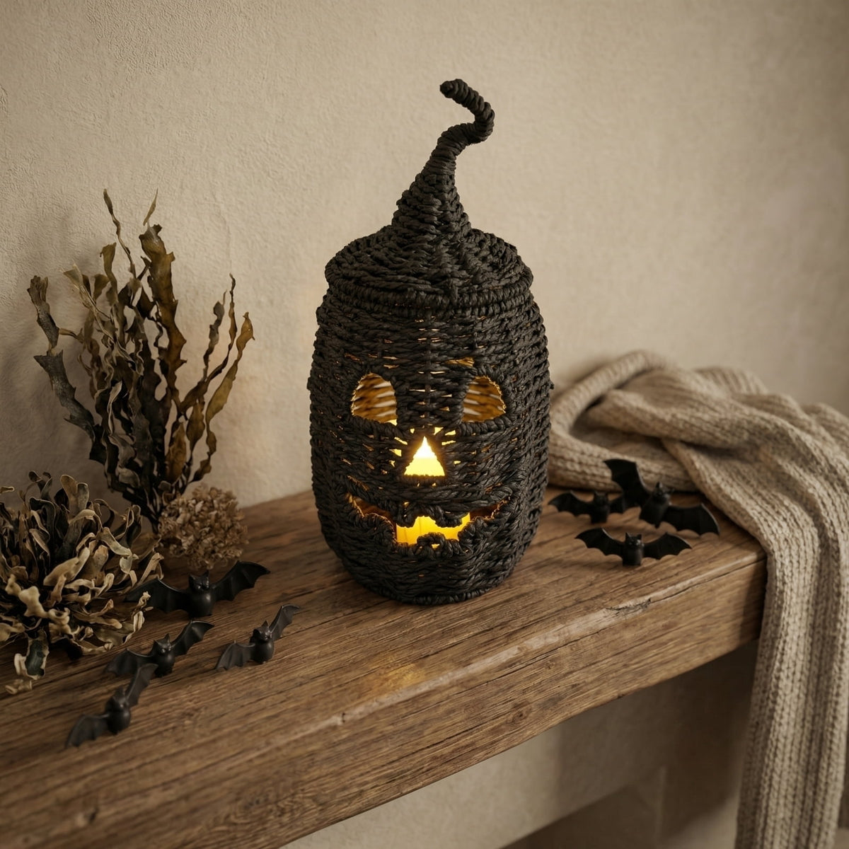 Aximioll Halloween Black Woven Jack-O-Lantern Pumpkin Decor, Hand Woven Rattan Wicker Style Statue, Trick or Treat Candy Bowl Lantern for Porch Entryway Fireplace Mantel Table, Black, 11 Inches