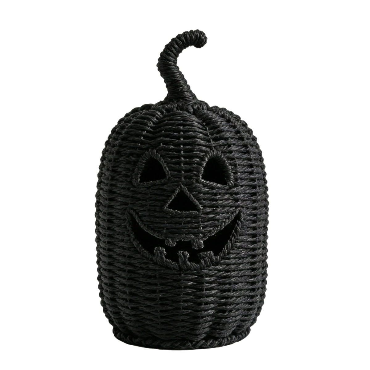 Aximioll Halloween Black Woven Jack-O-Lantern Pumpkin Decor, Hand Woven Rattan Wicker Style Statue, Trick or Treat Candy Bowl Lantern for Porch Entryway Fireplace Mantel Table, Black, 11 Inches