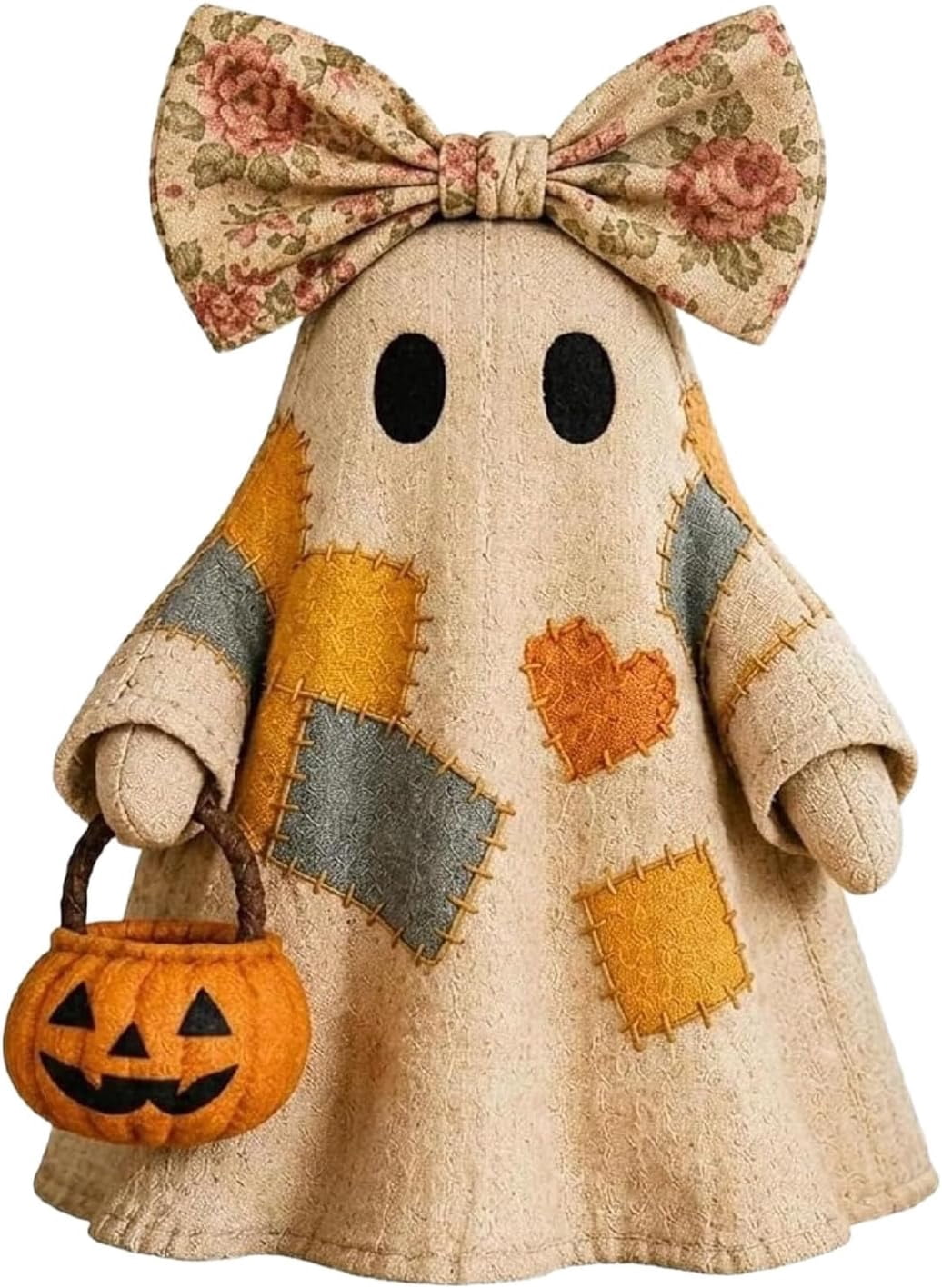 Lighted Vintage Patchwork Ghost, Light Up Ghost with Pumpkin Lantern Halloween Decor, Resin Ghosts Lamp, Rustic Fall Figurine Decoration for Tabletop Mantel Shelf Entryway Porch-9.44"