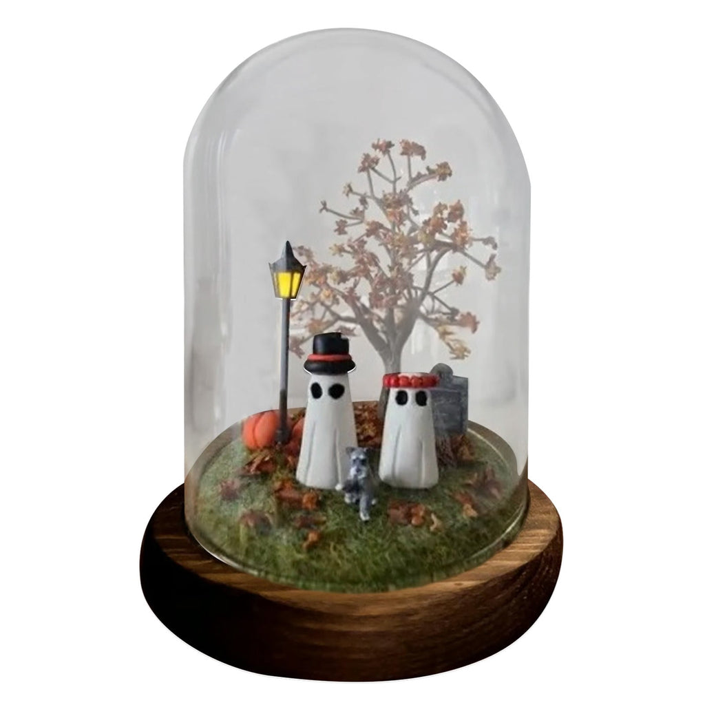 Halloween Ghost Figurine, Resin Lighted Ghost Ornament with Pumpkin Lantern & Beverage Cup, Tabletop Halloween Indoor Decor