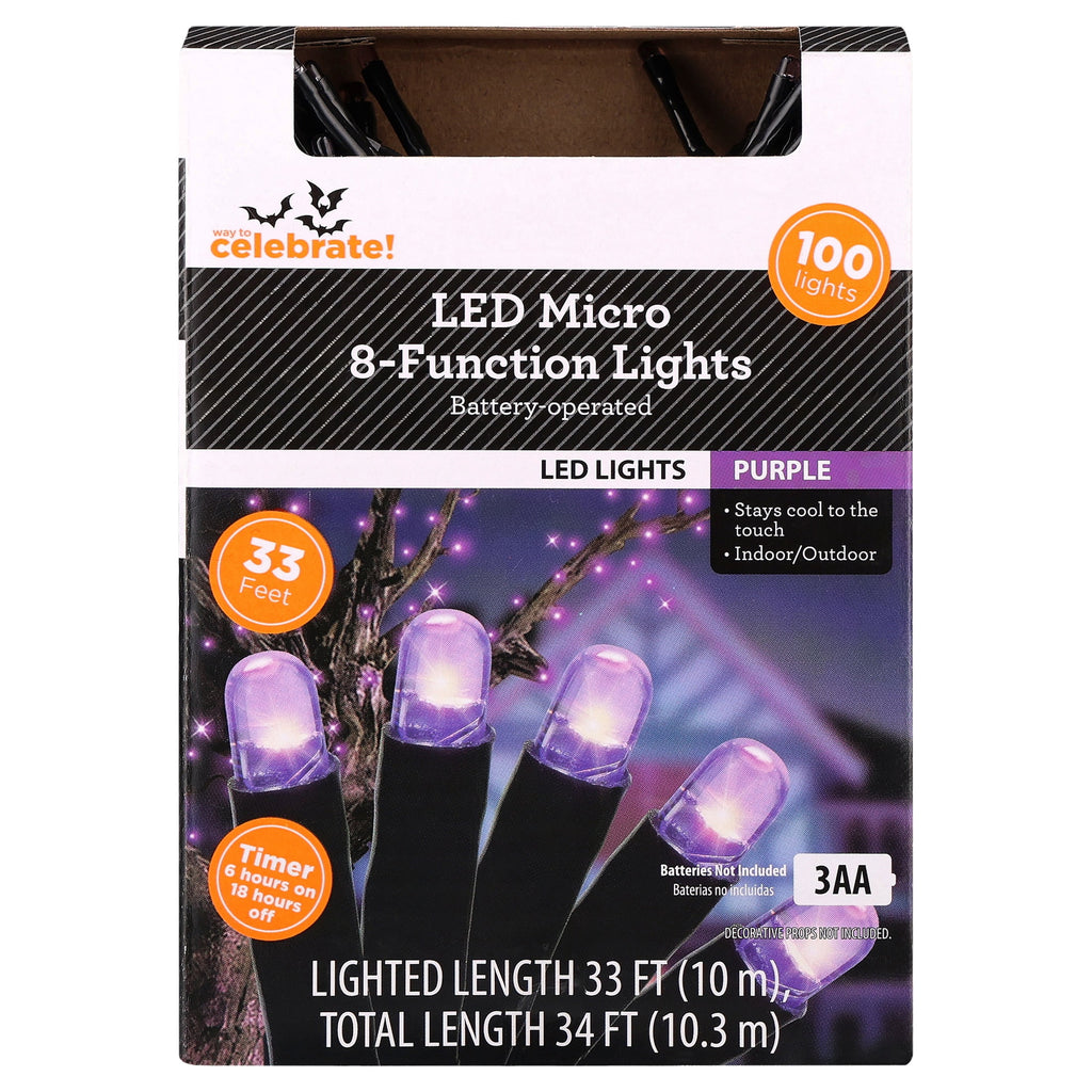 Indoor/Outdoor 100-Count Battery-Operated LED 8-Function Micro String Lights, Orange, 33', Halloween by Way To Celebrate