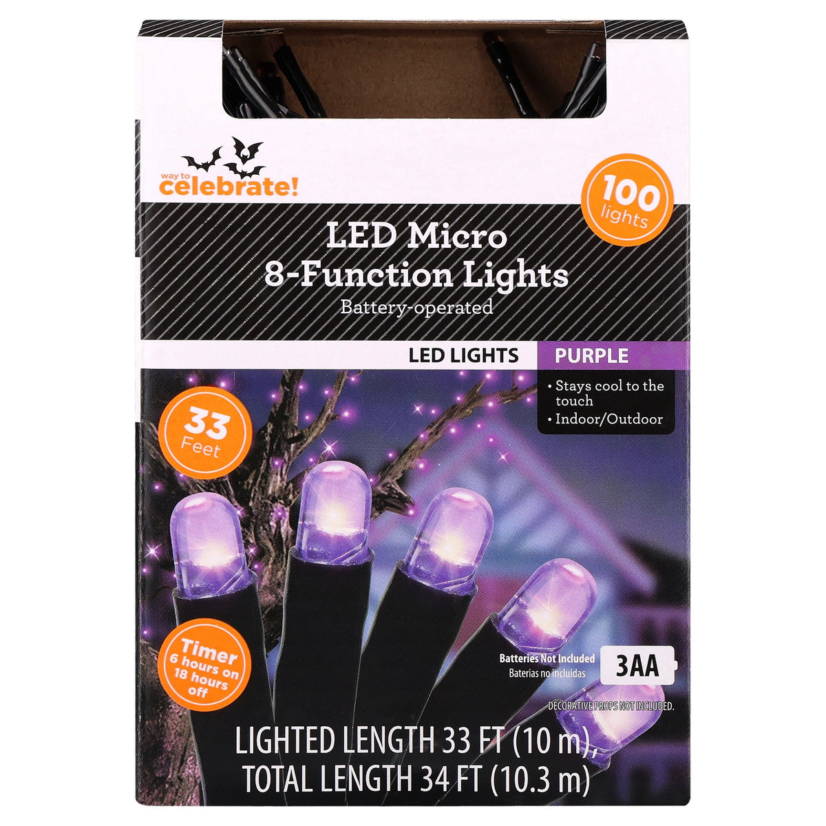 Indoor/Outdoor 100-Count Battery-Operated LED 8-Function Micro String Lights, Orange, 33', Halloween by Way To Celebrate