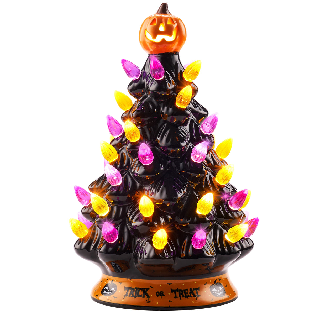 Joyfy 8.5 inch Halloween Decorations Ceramic Gnome Tree Decorations with Build-in LEDs,Light Up Pumpkin Table Decor Bedroom Indoor Centerpieces for Tables