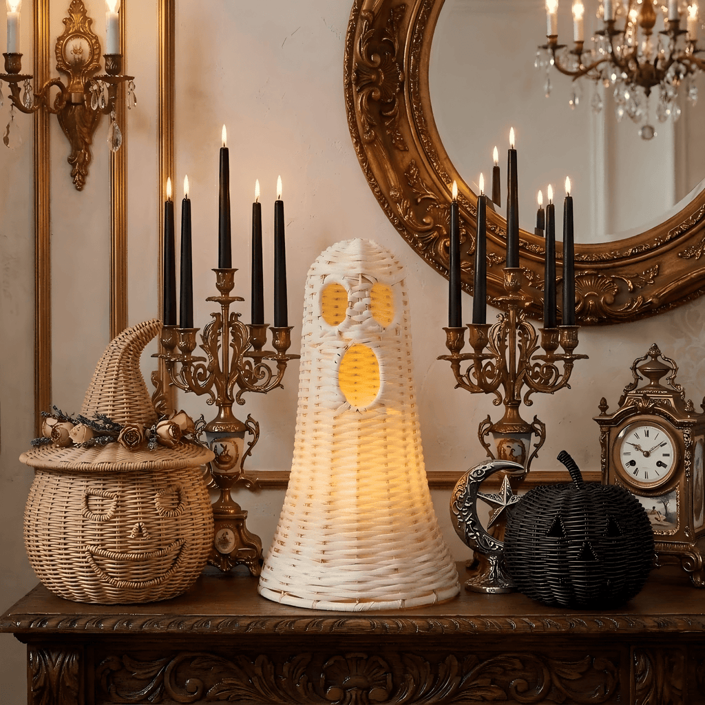 Guvpev 12" Handcrafted Woven Ghost - White Faux Rattan & Metal Ghost Figurine, Halloween Spooky Table Centerpiece & Fall Porch Decor for Indoor Outdoor