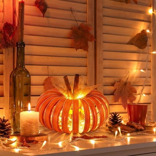 Pumpkin Table Decorations Mason Jar Lid Lighted Pumpkin Fall DIY Pumpkins Crafts Centerpieces for Thanksgiving Autumn Halloween Home Table Decor