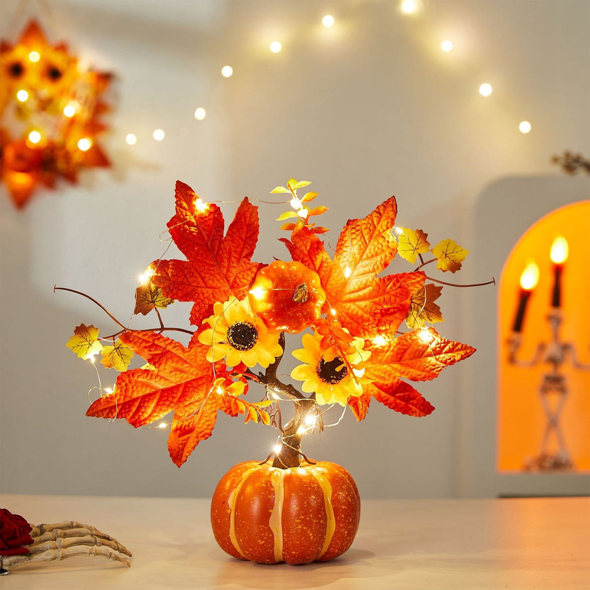 YSGFHGJW Halloween Thanksgiving Artificial Pumpkin Tree Decoration, Light Up with LED Lights, Fall Decor for Dining Table Living Room Porch