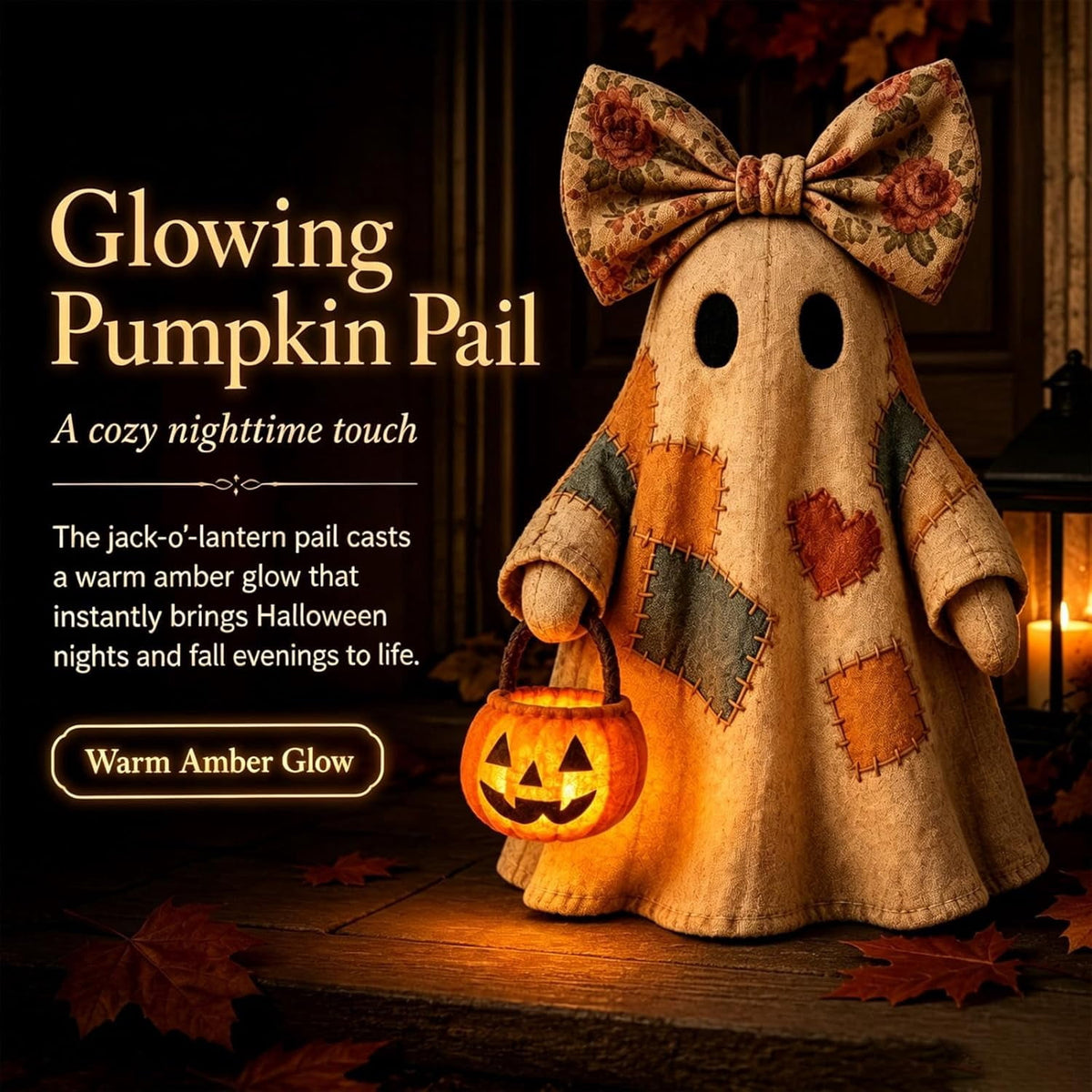 Win s Way Lighted Vintage Patchwork Ghost Decor Glowing Ghost Figurine with Pumpkin Lantern Farmhouse Style Light Up Statue for Mantel Shelf Entryway Table Fall Decorations