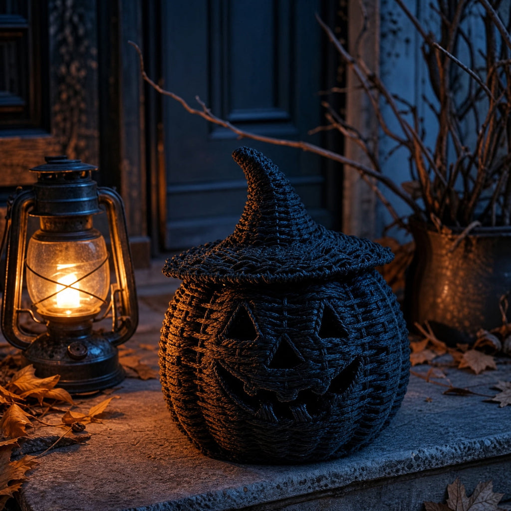 Handwoven Rattan Pumpkin Lantern with Lid, 11" Halloween Light Up Woven Pumpkin Decor, Rustic Black Wicker Pumpkin Decoration for Indoor Home Mantle Tabletop Decor(B)