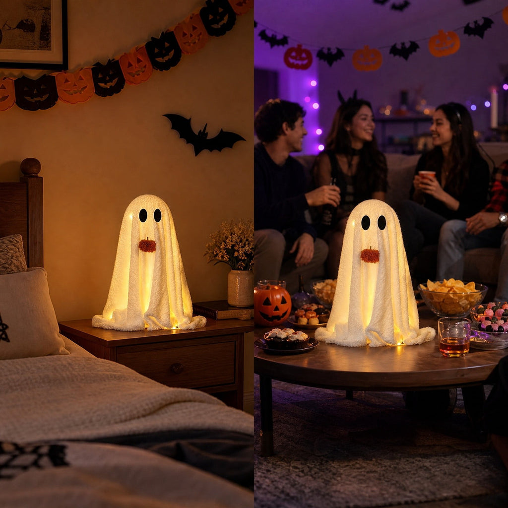 Light Up Plush Ghost with Pumpkin Ornament, Cute White Fabric Ghost Decoration with Warm LED Light, Halloween Luminous Farmhouse Tabletop Decor for Mantel, Shelf and Home Display