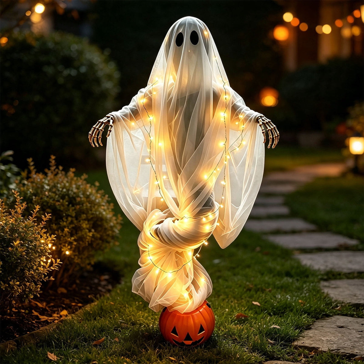 Luckky Swirling Ghost Pumpkin Yard Lamp,Lighted Spooky Ghost Statue with Warm Light,Waterproof Outdoor Ornament for Porch,Pathway,Lawn & Garden,Fall Autumn Halloween Party Decor