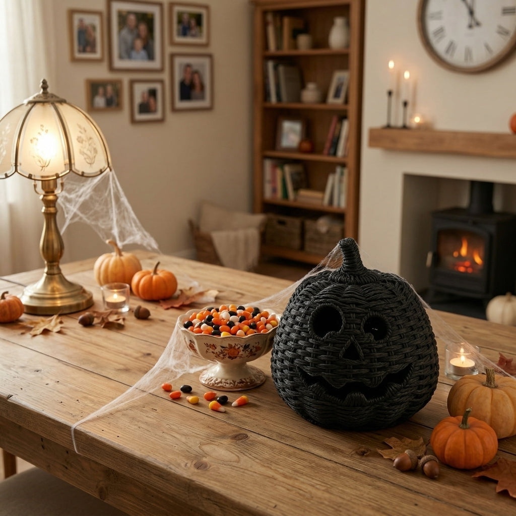 Aximioll Halloween Black Woven Jack-O-Lantern Pumpkin Decor, Hand Woven Rattan Wicker Style Statue, Trick or Treat Candy Bowl Lantern for Porch Entryway Fireplace Mantel Table, Black, 11 Inches