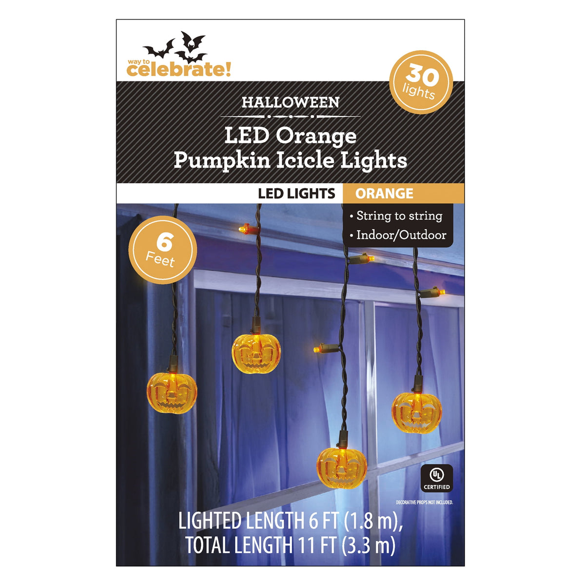 Pumpkin Icicle Lights, 10CT, Orange LED, 6ft, Halloween Indoor/Outdoor, by Way To Celebrate
