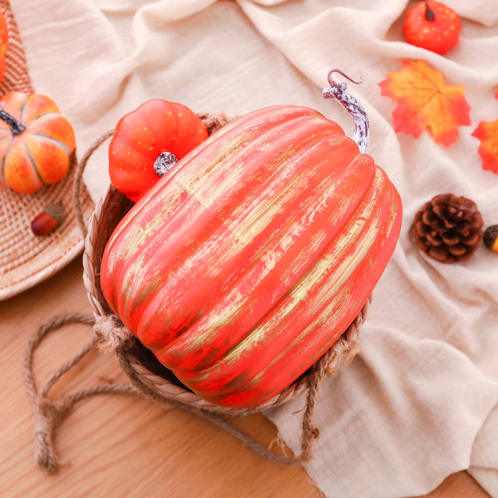 CQHVKQ 8 Inch Large Artificial Pumpkin Fall Decorations, Realistic Fake Harvest Pumpkin, Orange Gold Decorative Pumpkins for Table Centerpieces, Fall, Thanksgiving & Halloween DIY