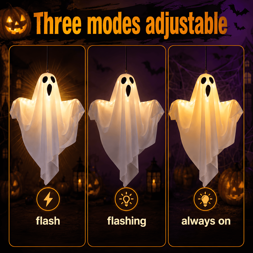 DAYBETTER Halloween Hanging Ghosts Decoration, LED White Ghost Light Up Kit Decor with adjustable arms for Indoor Outdoor Garden Yard Porch Scary Cute Halloween Ghost Decor Gifts (2 Pack)