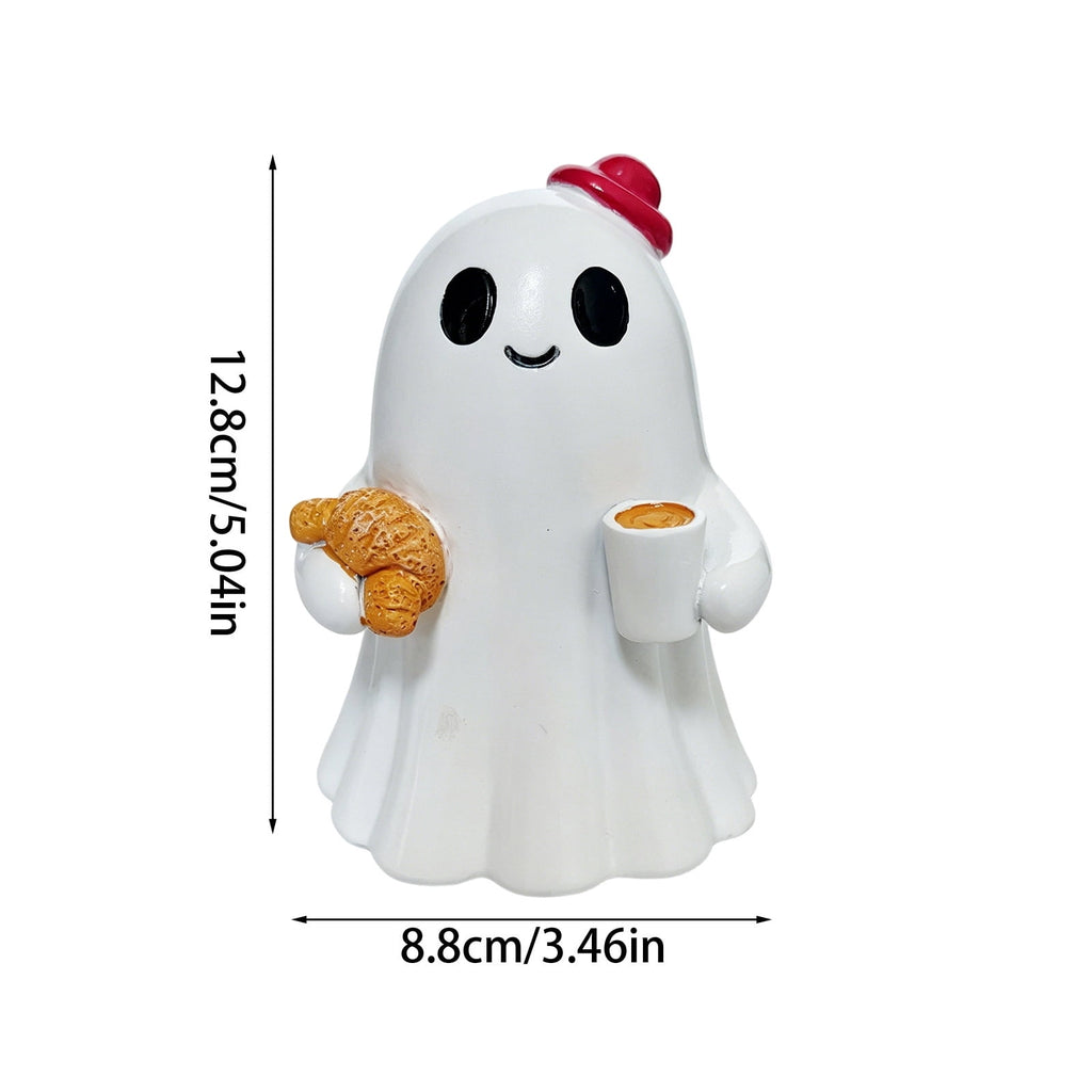 Halloween Ghost Figurine, Resin Lighted Ghost Ornament with Pumpkin Lantern & Beverage Cup, Tabletop Halloween Indoor Decor