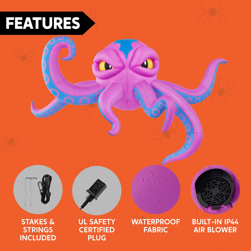 Joyfy 4 FT Halloween Inflatable Purple Octupos Head with Tentacles Broke Out from Window with Built-in LED Blow Up Inflatable for Window Decoration Yard Garden Lawn Decor